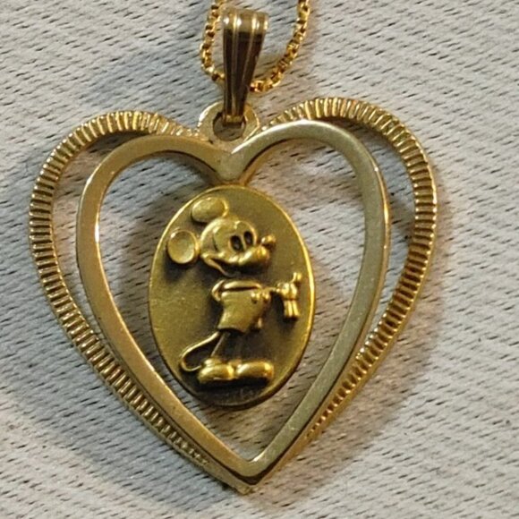 Mickey Mouse Double Heart Pendant Charm Walt Disney Production Vintage Gold Tone - Picture 12 of 12